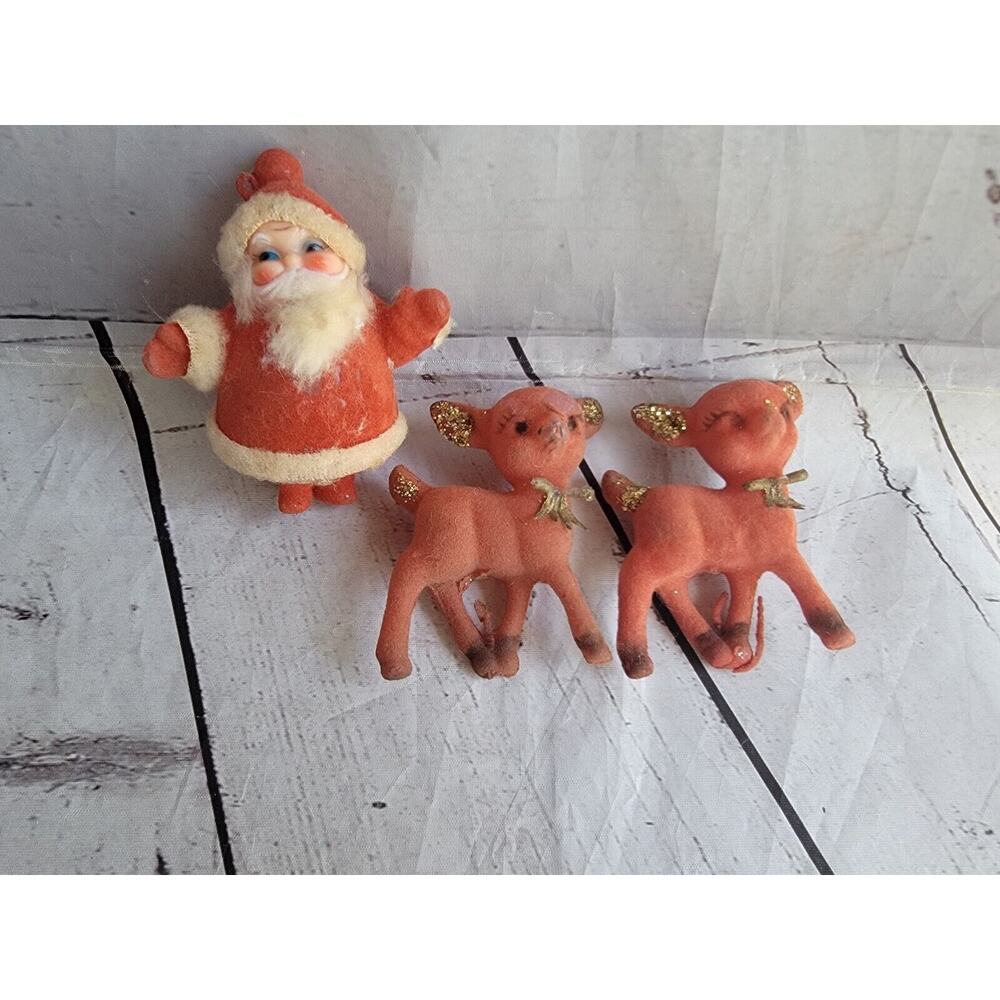 Vintage Flocked Santa Claus 2deer Figuresgold Glitter Made Hong Kong READ